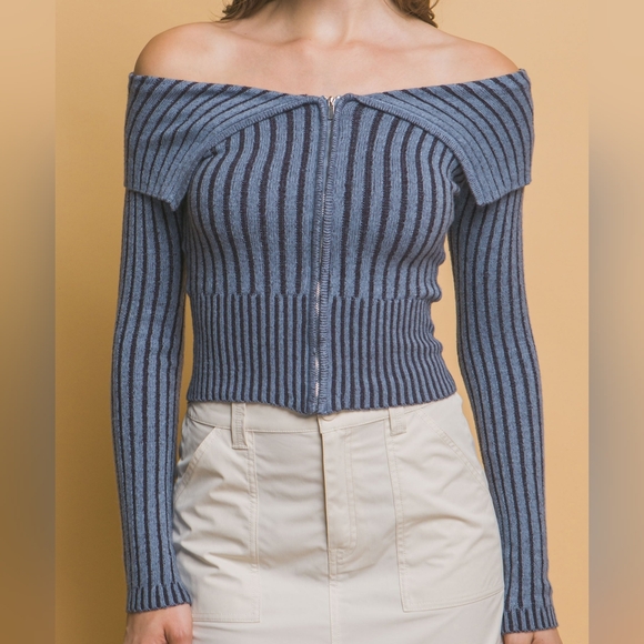 Zip-Me-Up Bardot Ribbed Top - Blue - Picture 8 of 10